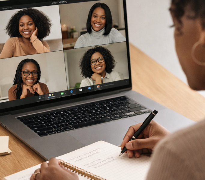 5 women working, 4 on the laptop and one writing